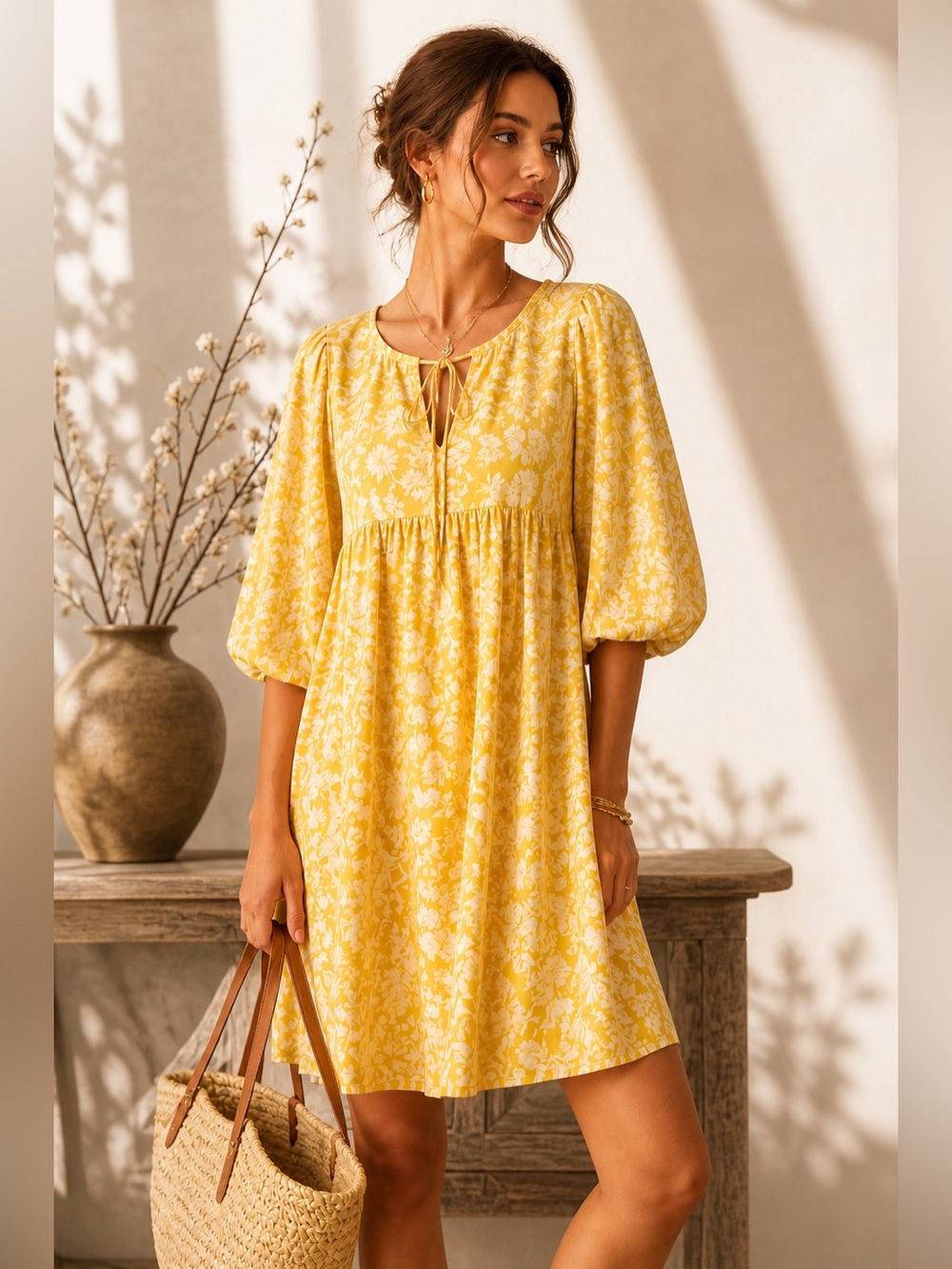 Sunshine Floral Tie-Neck Babydoll Puff Sleeve Boho Mini Dress size L